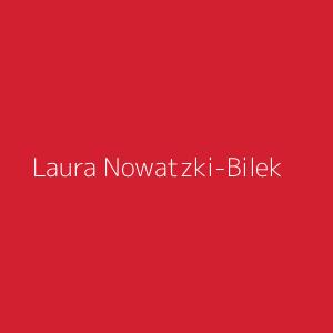 Name of Laura Nowatzki-Bilek against a red background