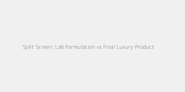 Split screen showing a scientist formulating in a lab on the left, and the final luxury product on the right.