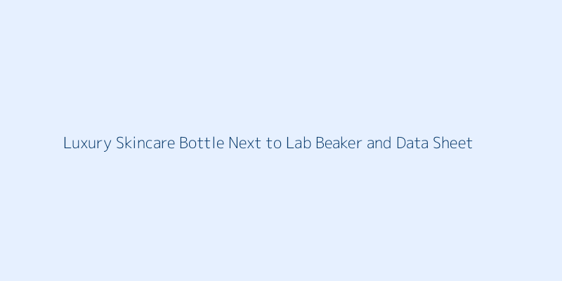 A luxury skincare serum bottle sitting next to a scientific beaker and a clinical trial data sheet.